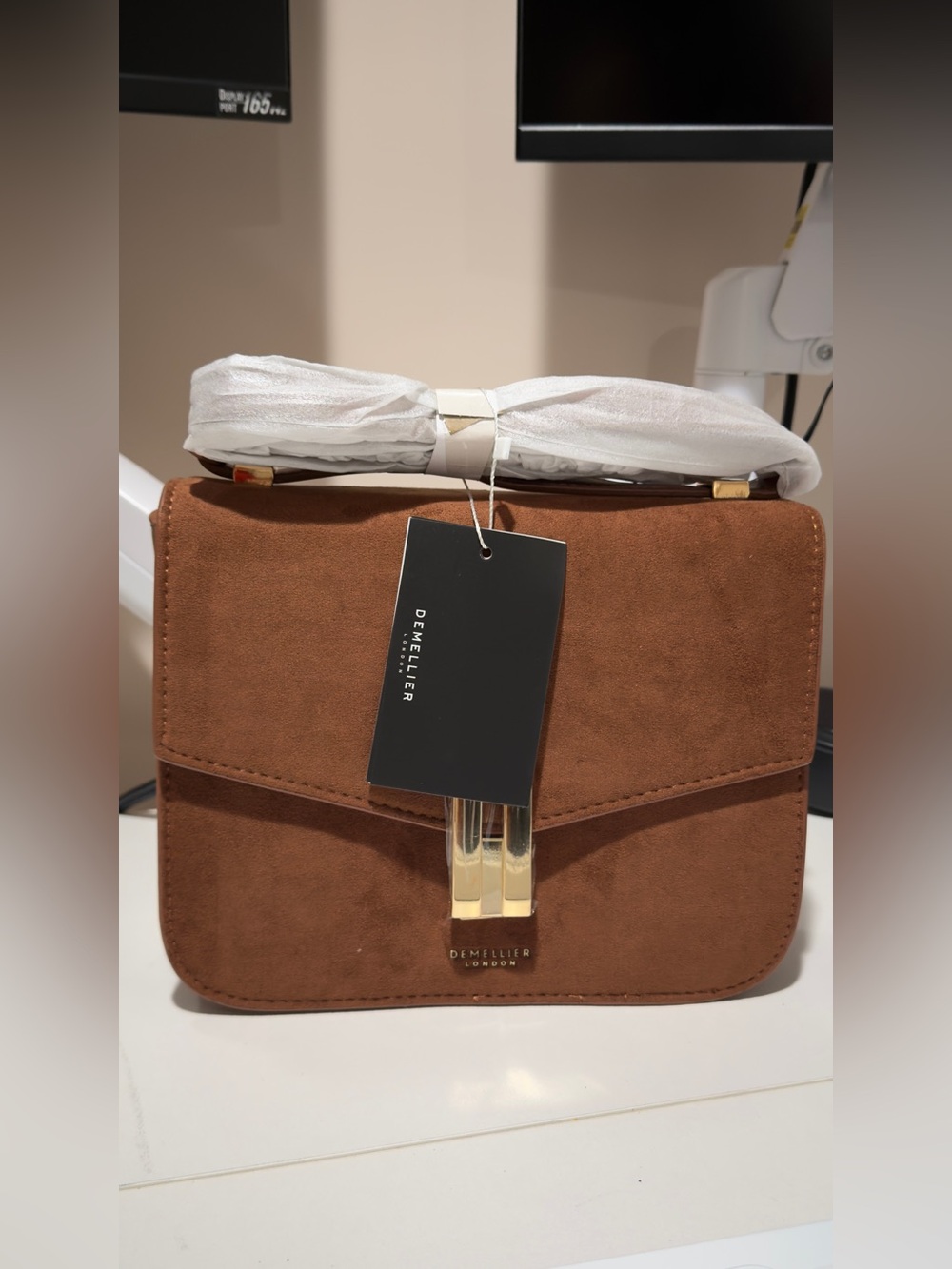 DeMellier Suede Crossbody Bag in Chestnut Brown with Gold Hardware